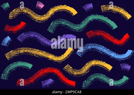 Farbiges Muster mit Pinsel gezeichneter dicker Doodle-Linien. Farbiges Grunge-Banner. Abstraktes Symbol mit Kreide. Tintenspritzer und künstlerische Designelemente. Di Stock Vektor