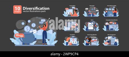Diversifizierungssatz. Investoren erkunden Wege wie Rohstoffe, Immobilien, Anleihen und geografische Regionen. Unternehmensinvestitionen, Korrelationsstrategien, Sektorexploration und Risikomanagement. Stock Vektor