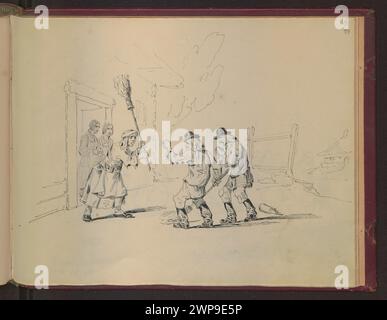 Ein Gemälde von Wincenty Smokowski, das um 1841-1842 entstand und einen Kampf vor einem Gespräch zeigt, der menschliche Figuren in Konflikt und Interaktion zeigt. Stockfoto