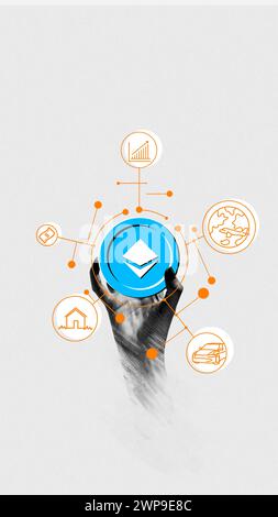 Hand hält Ethereum-Symbol mit verbundenen Symbolen für Industrieanwendungen. Integration der Blockchain in verschiedenen Branchen Stockfoto