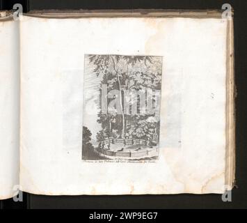 Blick auf einen Brunnen und Bäume im Palazzo Aldobrandini in Tivoli, mit Landschaft und architektonischen Details, von Melchior Küsel und Johann Wilhelm Baur, 1682, Teil des Albums Factis. Stockfoto