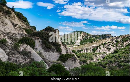 Aliano Badlands (Calanchi), Landschaft aus Tonskulpturen, die durch das Regenwasser erodiert wurden, Region Basilicata, Süditalien Stockfoto