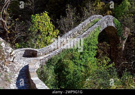 Blick auf eine traditionelle Steinbrücke in den Bergen von Agrafa in der Nähe des Dorfes Agrafa in Thessalien, Griechenland Stockfoto