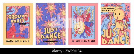 Musikposter. Groovige Party. Tanzen Sie einfach. Geburtstagsaufkleber. Fröhliche süße asiatische Figur im Comic-Stil für moderne Musikveranstaltungen. Malen Sie abstrakte Formen. Psychedelisches lustiges Design. Vektor-Banner-Set Stock Vektor