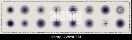 Punktmuster. Kreiseffekt mit grafischem Farbverlauf. Runden Sie geometrische Punktformen ab. Bild ausblenden. Radiale Flachstellen im Halbton. Schwarze Farbabstufung. Einfarbige Textur. Vektor-Design-Elemente festgelegt Stock Vektor