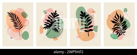 Abstrakte Naturkunst. Form Wandplakate, skandinavischer botanischer Pflanzenblatthintergrund, Blattvegetation. Schwarze tropische Blätter, moderne Federkarte. Minimalistischer Stil. Vektorillustrationssatz Stock Vektor
