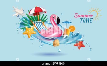 3D Sommerparty. Strandurlaub. Sommerurlaub. Aufblasbarer Flamingo im Wasserspritzer. Meereswelle. Lustige festliche Reise und Verkauf. Liege und Orangencocktail. Meeresschale. Vektorhintergrund Stock Vektor