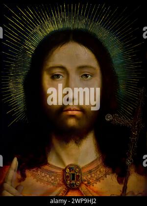 Christ Salvator Mundi 1505 von Quinten Massijs, Königliches Museum der Schönen Künste, Antwerpen, Belgien, Belgien. ( Das Gemälde zeigt Jesus Christus in einem anachronistischen blauen Renaissancekleid und macht mit seiner rechten Hand das Zeichen des Kreuzes ) Stockfoto