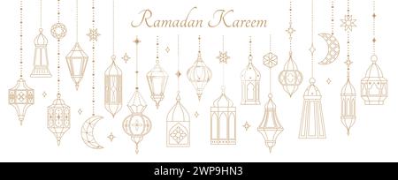 Ramadan-Laternen. Islamische Dekoration Stern Mond und Grußkritzele goldene Lampen, goldene Karte mit Girlande Ornament. Traditionelles religiöses, festliches Bannerdesign. Weihnachtsmondsymbole. Vektorhintergrund Stock Vektor