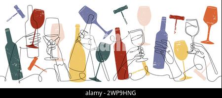Weinflasche. Poster aus Glas oder Abdeckung für Speisen, Veranstaltung oder Wandparty, einzeilige Zeichenelemente für Getränke, Restaurant-Cocktail-Einladung. Farbenfrohes Weinglas mit Handgriff. Hintergrund für Vektordesign Stock Vektor