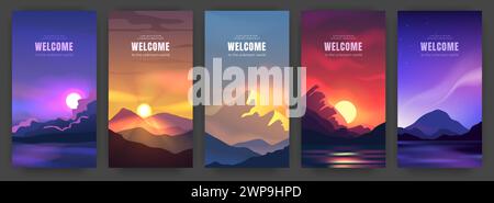 Waldhintergrund. Berglandschaft, Abenteuer Natur Baum Silhouetten mit abstraktem Sonnenaufgangshimmel. Sonnenuntergang, Morgen und Mitternacht. Tag- und Nachthorizontvektor flache vertikale Banner-Illustration Stock Vektor