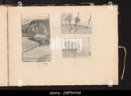 Drei Landschaftsskizzen von Ferdynand Ruszczyc aus dem Jahr 1898-1899, die den Fluss Wilejka auf einem bewaldeten Hügel und zwei Feldstraßen in Bohdanów, Weißrussland und Litauen darstellen. Stockfoto