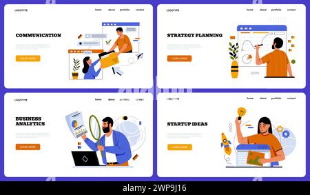 Geschäftskonzept. Strategieplanung, Kommunikation, Analyse und Inbetriebnahme. Büromitarbeiter und Mitarbeiter. Webbanner-Design. Vorlage für Landing-Page. Zeichentrickfilm flache Art isolierte Vektorillustration Stock Vektor