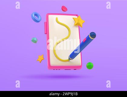 Digitale Bildung. 3D-Telefonrendern. Notizbuch bereinigen. Grafik-UI für mobiles Notebook oder Mobiltelefon-App. Studie zu Zeichnung. Wissensbasiertes Lernen. Online-Malerschule. Tablet-Bildschirm. Vektor-Symbol für Mobilgeräte Stock Vektor