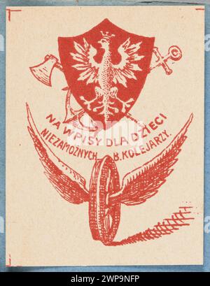 Ein Falldruck von 1913–1921, der polnische Embleme mit einem Anker und Axhintergrund über einem Eisenbahnsymbol zeigt, der für die Einreise von Kindern von Eisenbahnarbeitern bestimmt ist und polnische Grafiken des frühen 20. Jahrhunderts widerspiegelt. Stockfoto