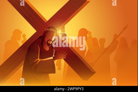 Jesus trägt sein Kreuz, wie das Volk Jerusalems ihn verhöhnt. Fängt einen entscheidenden Moment in der christlichen Erzählung ein Stock Vektor