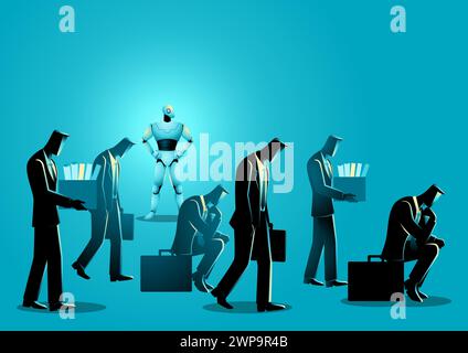 Illustration der sich abzeichnenden KI-Bedrohung, verkörpert durch einen Roboter, der menschliche Rollen überholt Stock Vektor