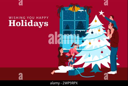 Zeichentrickillustration einer glücklichen Familie, die einen Weihnachtsbaum vor einem fröhlichen roten Hintergrund fröhlich dekoriert, strahlt Urlaubsfreude und Zweisamkeit aus. Stock Vektor
