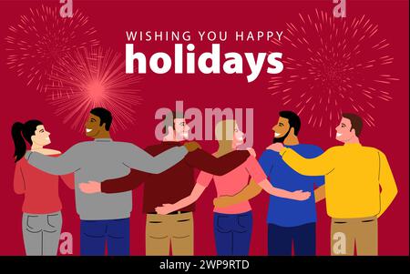 Cartoon-Illustration, die eine vielfältige Gruppe von Menschen zeigt, die sich freudig umarmen, während sie ein Feuerwerk genießen, das die Wärme des Urlaubs vermittelt Stock Vektor