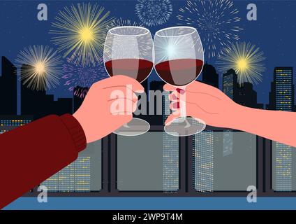 Mann und Frau, die fröhlich Weingläser auf dem Balkon tosten, mit Feuerwerk vor dem nächtlichen Stadtbild, perfekt für die Neujahrsfeier, Stock Vektor