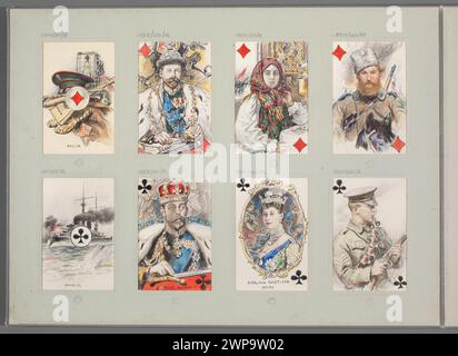 ALS Karo-Spielkarte mit Zar Nikolaus II. Von Russland, einem russischen Mädchen in Volkstracht, einer Kosaken zu Pferd und Maria, Königin des Vereinigten Königreichs und Kaiserin von Indien. Die Karte stellt allegorisch den Ersten Weltkrieg (1916–1917) dar und ist Teil der Sammlung von Spielkarten, Schiffen und Soldaten von Dominik Witke-Jeżewski. Stockfoto
