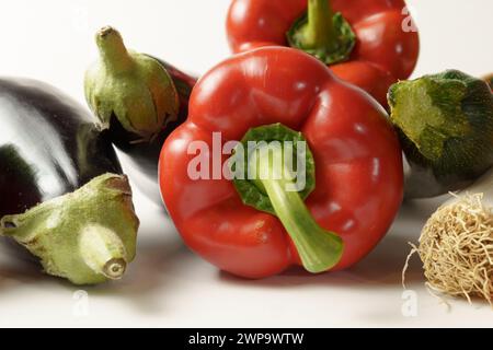 Gruppe von verschiedenen Gemüsesorten auf weißem Hintergrund und Kopierraum. Paprika, Lauch, Tomaten, Zucchini, Aubergine. Stockfoto