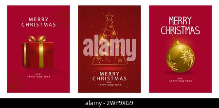 Weihnachtsgrüße mit diesem Set luxuriöser Glückwunschkarten mit Golddekoration zu Weihnachten und Neujahr. Jede Karte verfügt über ein geschmackvolles und modernes aest Stock Vektor