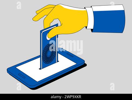 Einfache Linienkunst einer Hand Geld in Handy, Online-Spende, Anlagekonzept, Vektor-Illustration Stock Vektor