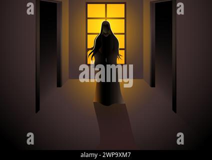 Illustration eines weiblichen Geistes, der vor einem Fenster in einem Spukhaus steht. Dieses schaurige und stimmungsvolle Bild ist perfekt für Halloween-Themen Stock Vektor