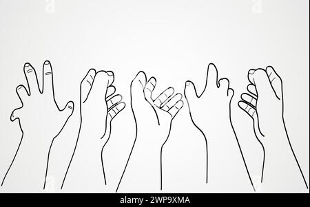 Strichgrafik-Illustration, die Hände zeigt, die nach Hilfe greifen, ein Gefühl des Flehens vermitteln, um Hilfe bitten oder ein Gotteskonzept ausdrücken Stock Vektor
