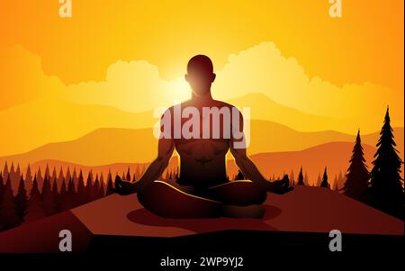 Silhouette eines Mannes, der Yoga auf dem Berggipfel macht, Vektor-Illustration Stock Vektor