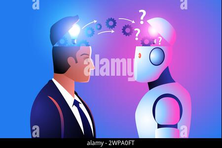 KI-Lernen, Roboter, der Informationen von einem menschlichen Kopf in seinen eigenen eingibt. Vorstellung des Wissenstransfers und Fähigkeiten künstlicher Intelligenz Stock Vektor