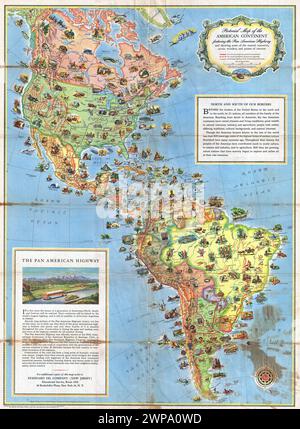 Vintage-Bildkarte des amerikanischen Kontinents mit dem Pan American Highway. Eine Standard Oil Pictorial Map des amerikanischen Kontinents, produziert von General Drafting Co, 1930er Jahre Stockfoto