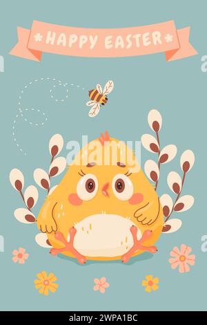 Ostergrußkarte mit kleinen Küken, Blumen und Bienen. Handgezeichnete süße Cartoon-Tussi. Grußkarte mit flacher Vektorfeder. Frohe Ostern. Vektorabbildung Stock Vektor
