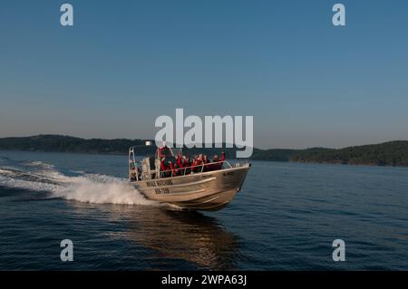 Touristen in einem Walbeobachterboot Gulf Islands Sidney, BC, Kanada Stockfoto