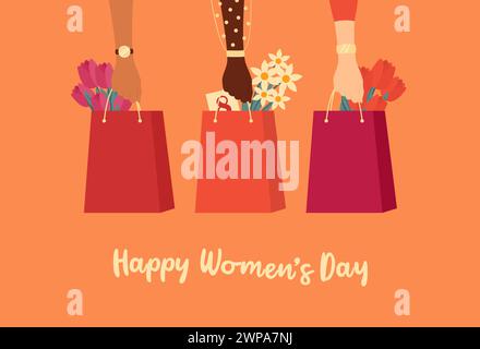 Hände von Frauen verschiedener Nationalitäten und Hauttöne, die Einkaufstaschen mit Blumen halten. Grußkarte zum Frauentag. Illustration des flachen Vektors Stock Vektor