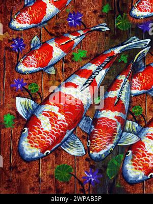 Kunstgemälde Ölfarbe Fancy Karpfenfisch Glück, Koi Fisch Stockfoto