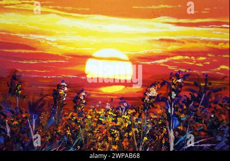 Professioneller Künstler handgemalt Original Ölgemälde Acrylgemälde Impressionismus Sonnenaufgang Atmosphäre in thailand Glück Galerie der Kunst Stockfoto