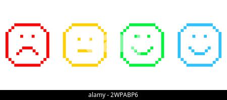 Pixel-Emotionen in flacher Form. Konstruktionselement. Pixelsymbole. Trauriges Gesicht. Flächensymbol. Vektorabbildung. Rohbild. EPS 10. Stock Vektor