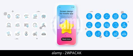 Symbole für Swimmingpool, Quiz und Timer. Modell des Telefons mit 3D-Sternsymbol. Pack Flaggen, Fische, Angelruten Symbol. Diplom, Arena Stadion, Fahrradlocke Stock Vektor