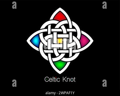 Keltischer Knoten, ineinandergreifendes Kreise-Logo, buntes Vektor-Tattoo-Ornament Interlaced Tape isoliert auf schwarzem Hintergrund Stock Vektor