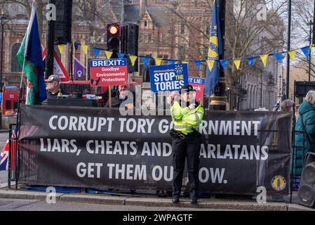 London, Großbritannien. März 2024. Während der Demonstration halten die Demonstranten hinter einem großen Banner auf dem Parlamentsplatz Plakate, die ihre Meinung zum Ausdruck bringen. Pro-EU-Aktivisten versammelten sich zu ihrem jährlichen wöchentlichen Protest und wegen des Budget Day, an dem Jeremy Hunt die Steueränderungen und Ausgaben für die Parlamentsabgeordneten im House of Commons in London vorstellt. Quelle: SOPA Images Limited/Alamy Live News Stockfoto