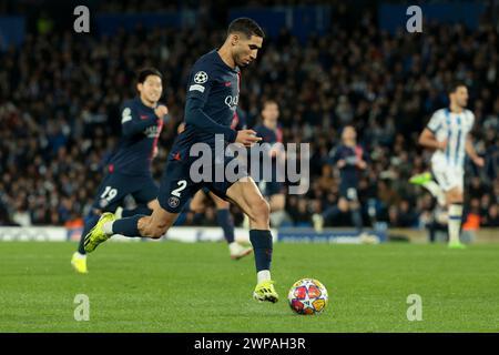 San Sebastian, Espagne. März 2024. Achraf Hakimi von PSG während der UEFA Champions League, Achtelfinale, 2. Leg-Fußballspiel zwischen Real Sociedad und Paris Saint-Germain (PSG) am 5. März 2024 in der reale Arena in San Sebastian, Spanien - Foto Jean Catuffe/DPPI Credit: DPPI Media/Alamy Live News Stockfoto