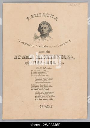 Eine Broschüre mit einem Porträt von Adam Mickiewicz nach dem Dagerotypus von 1842, den Text des Filarecka-Liedes und das Programm zur Feier der "Reading READIVE for Women' Society in Poznań anlässlich der Feier des 100. Geburtstages des Dichters dank der Bemühungen der Gesellschaft "Reading Room"; Society Reading Room for Women (Poznań); 1898 (1898-00-00-1898-00-00); Stockfoto