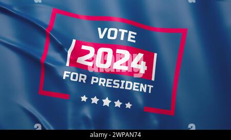 3D-VFX-Grafik mit schwenkender Flagge mit der Inschrift über die Präsidentschaftswahl 2024 in den Vereinigten Staaten. Der Wahlkampf des zukünftigen Präsidenten von Amerika. Demokratie und politische Rassen. Stockfoto