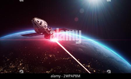 3D-Animation eines satellitenangreifenden Weltraumobjekts mit Laserwaffe im Weltraum in der Erdumlaufbahn. Eskalation des politischen Konflikts zwischen den Vereinigten Staaten und Russland im Kosmos. Drohung eines Atomkrieges. Stockfoto