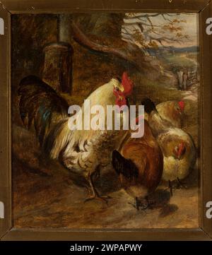 Deutsches animalisches Gemälde aus dem 19. Jahrhundert, das einen Hahn und drei Hühner im Landschaftshintergrund zeigt und das Geflügel hervorhebt. Stockfoto