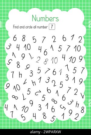 Suchen und Kreisen Sie Nummer sieben einfache pädagogische Aktivität für Kinder, umreißen Sie handgezeichnete Vektor-Illustration, ausdruckbares Arbeitsblatt, Lernkonzept für Freizeitaktivitäten, Lehrerressourcen Stock Vektor