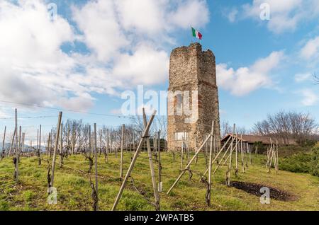 Turm der Burg (Torre delle castelle) in Gattinara, in der Provinz Vercelli, Piemont, Italien Stockfoto