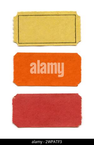 Drei Vintage Yellow, Orange und Red Tickets - isoliert, leer Stockfoto